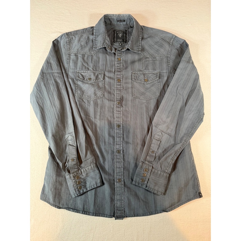 Guess Mens Slim Fit Western Snap Button Long Sleeve Shirt Gray Charcoal Medium